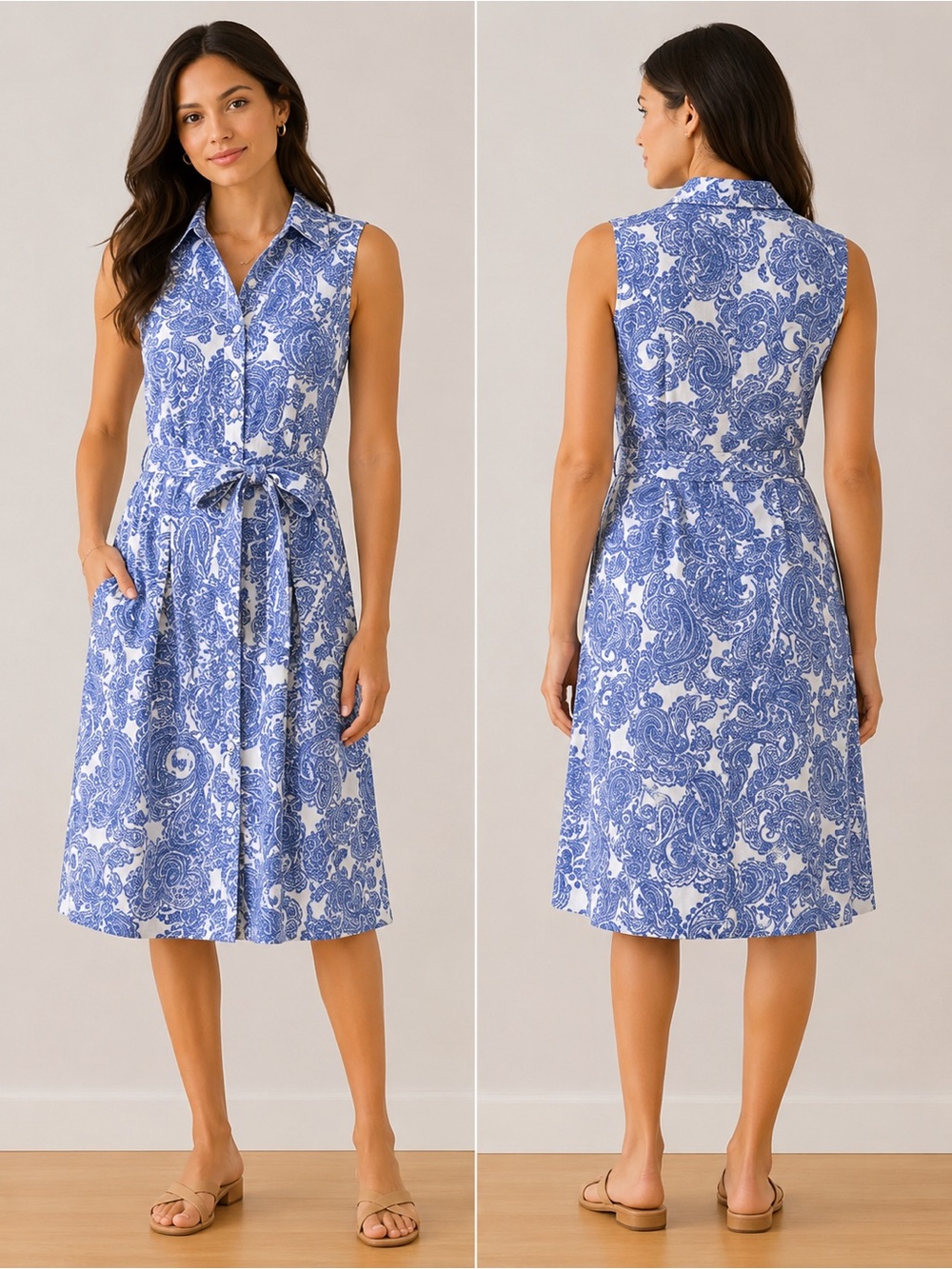 Tommy Hilfiger Sleeveless Paisley Shirt Dress Blue & White Tie Waist Size 10